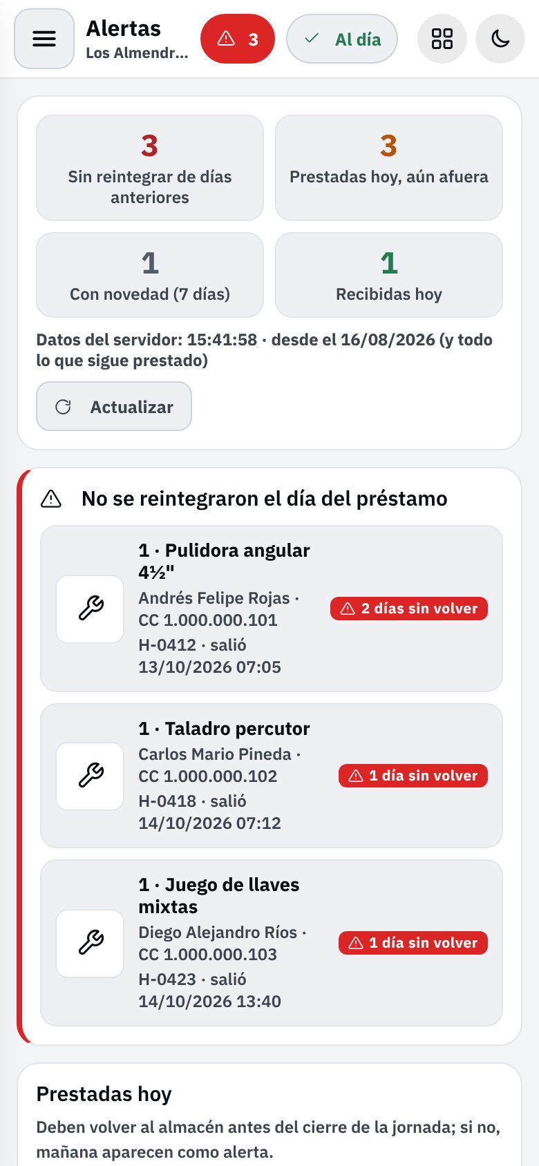 EVA Móvil, Almacén: alertas de herramienta que no volvió, vista día