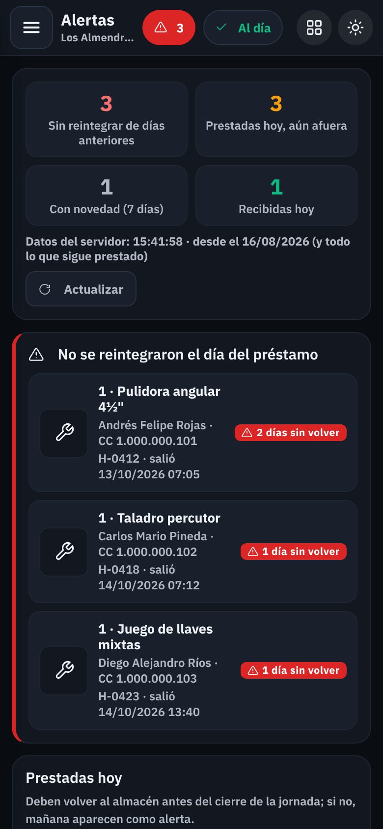 EVA Móvil, Almacén: alertas de herramienta que no volvió, vista noche